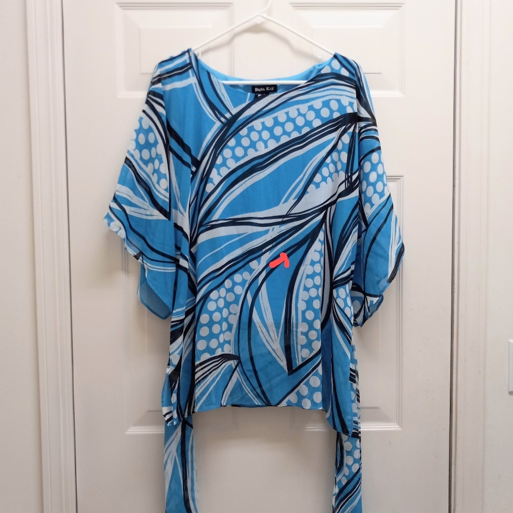Womens Kimono Top Blue Size 16 Tie Waist Artsy Resortwear Boho Retro - Picture 14 of 15